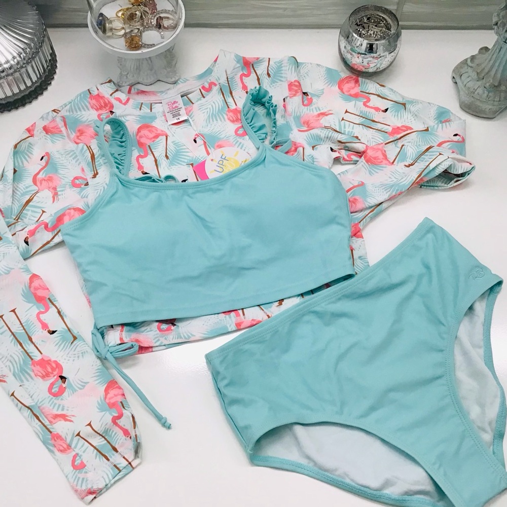 Ruffle Butts Aqua Flamingos Rashguard Swim Set Sz 16